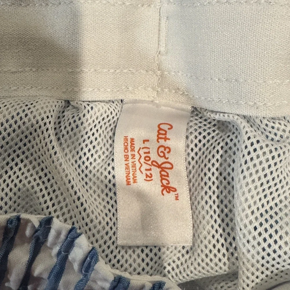 Cat & Jack Boys Blue White Seersucker Stripe Swim Trunks Size L 10/12 Drawstring